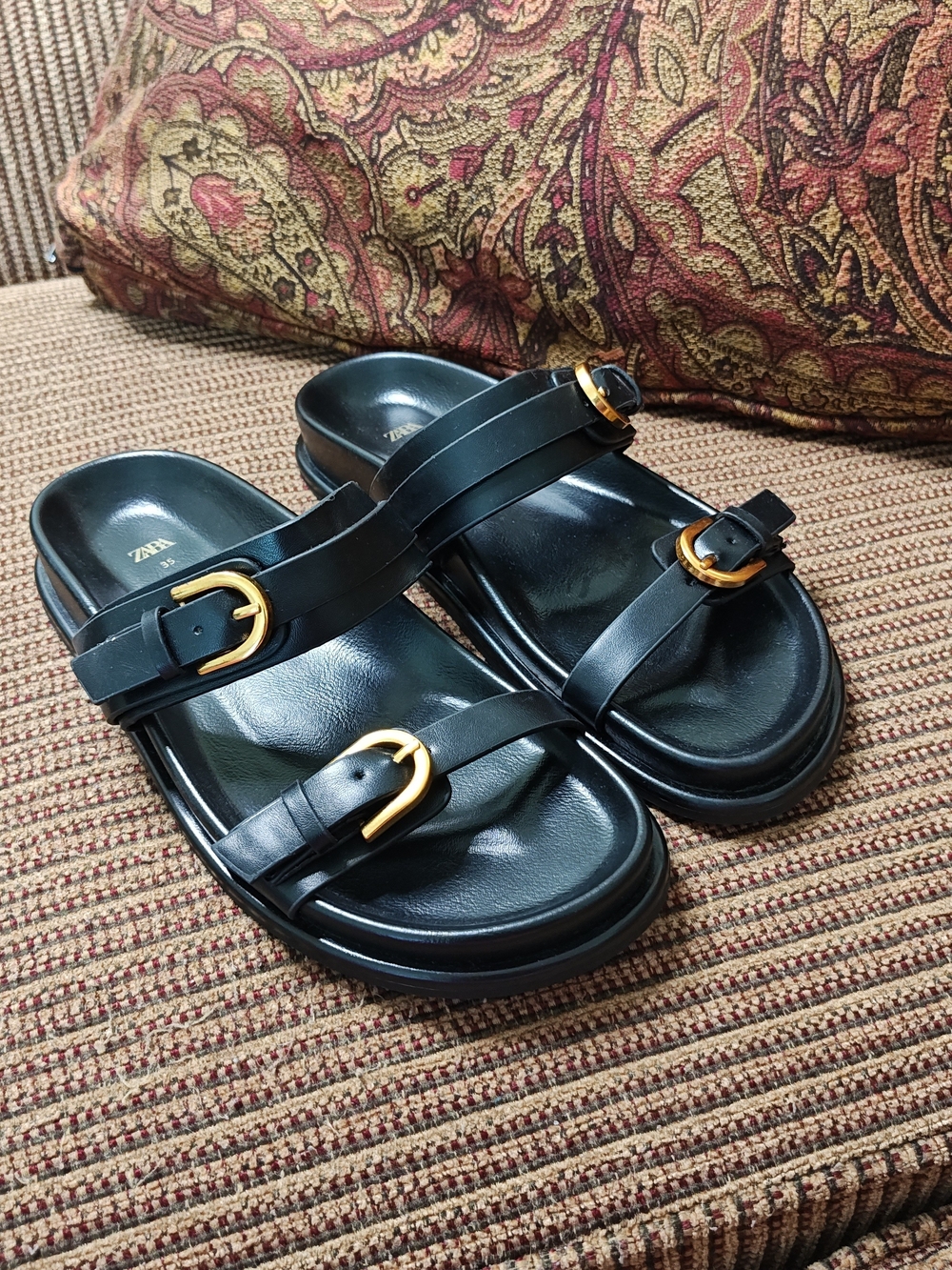 Zara Black Leather Double-Strap Slide Sandals with Gold Buckles Size US 5